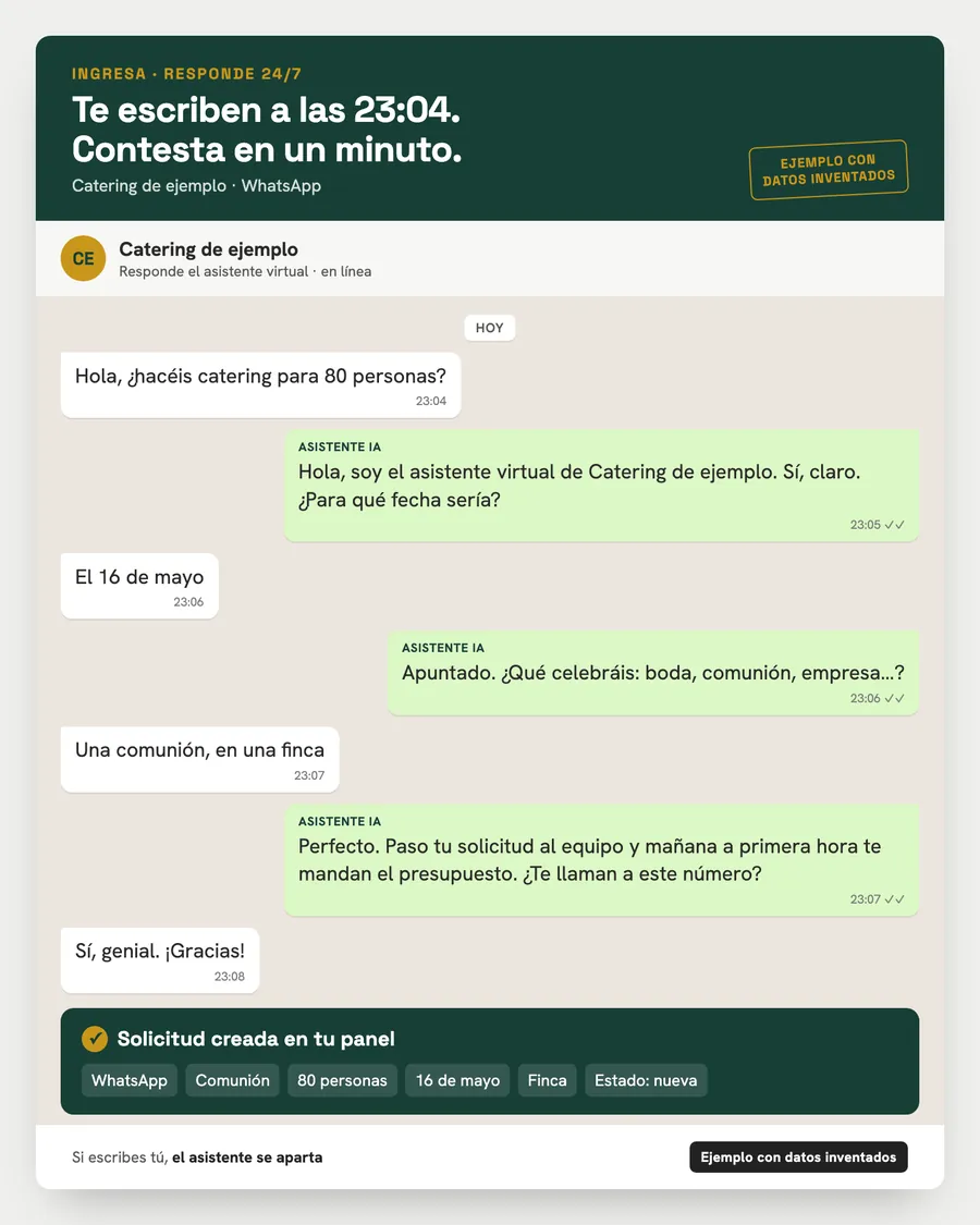 Ejemplo de conversación de WhatsApp con datos inventados: a las 23:04 un cliente pide catering para 80 personas y el asistente le contesta en un minuto