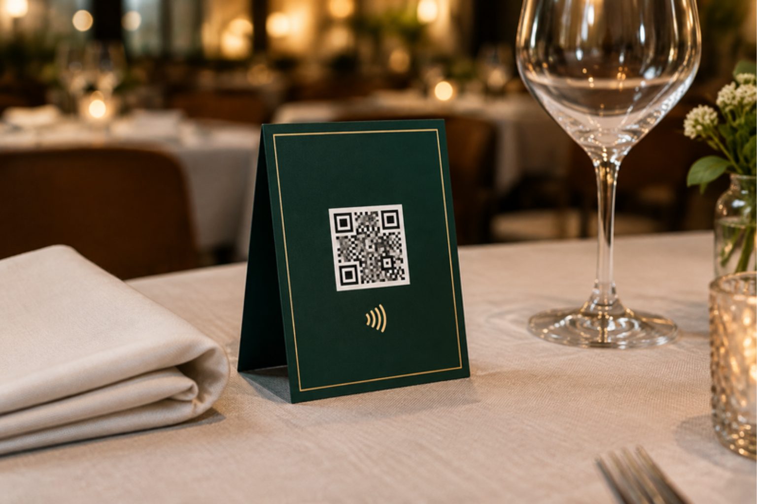 Tarjeta con QR y NFC para dejar una reseña en Google sobre la mesa de un restaurante